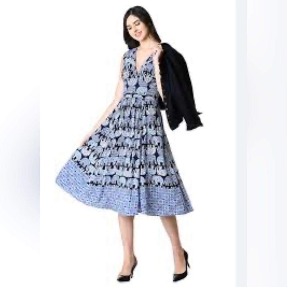 eShakti Black and Blue Elephant Pattern Midi Dress